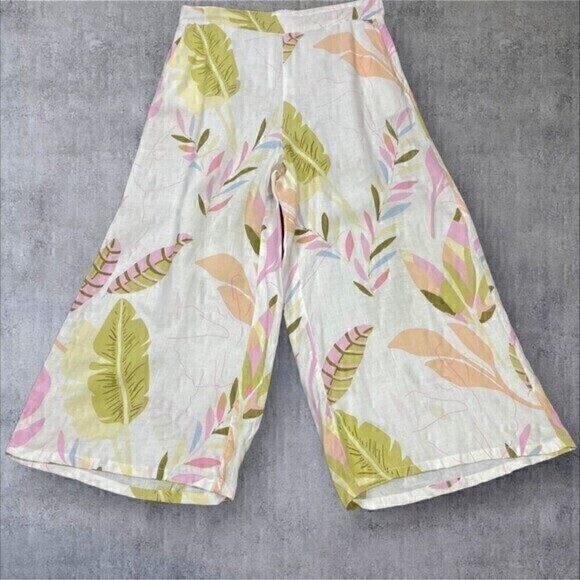 Cynthia Rowley Linen Pants Womens L Cream Tropical Print Wide Leg Crop Pull On - Picture 6 of 15